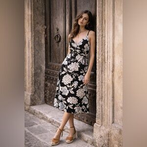 Floral Wrap Midi Dress in Black and Cream